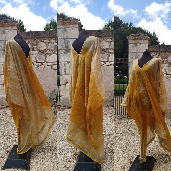 One-of-a-kind handmade Yellow saree Kaftan Plus size free Size Design Bespoke boho Dress Long maxi dress