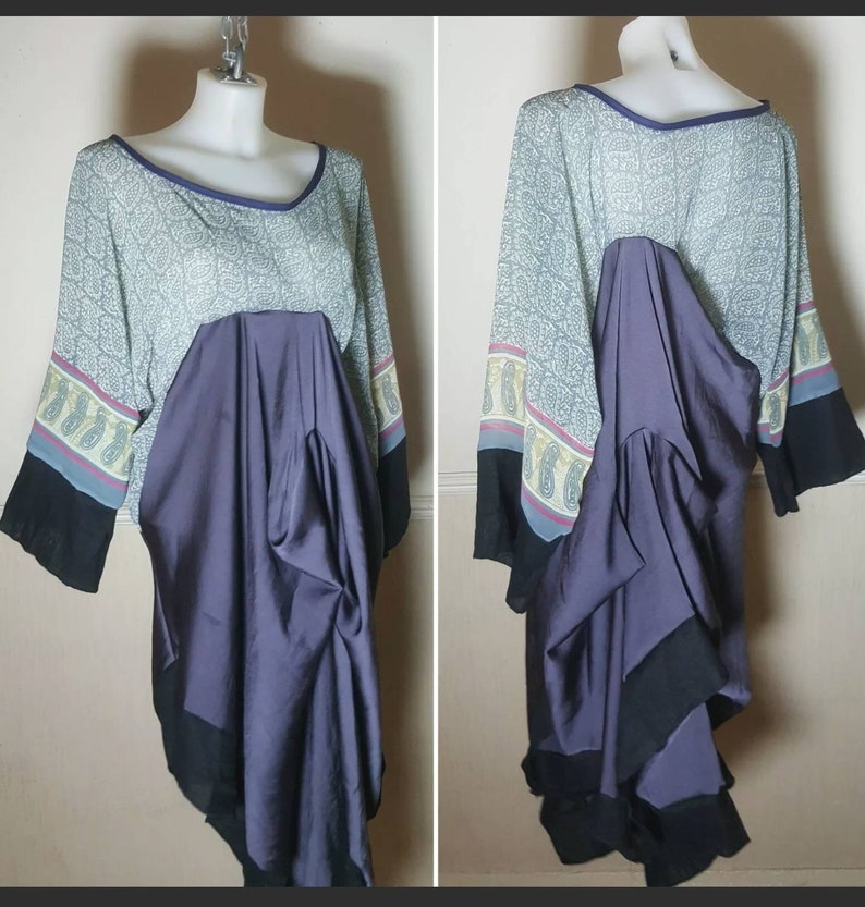 One-of-a-kind Handmade Saree abstract Kaftan kimono Dress One Size Boho Style Lagenlook Kaftan Kimono Dress