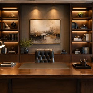 Puede incluir: Un escritorio ejecutivo de madera oscura con incrustaciones de cuero, una silla de oficina de cuero negro capitoné y estanterías integradas con iluminación, libros decorativos, un globo terráqueo y un cuadro de paisaje en la pared.