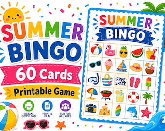 Juego de bingo de verano imprimible, 60 tarjetas de bingo de verano para niños, juego para fiestas de verano, actividad para el aula, bingo de vacaciones, descarga digital