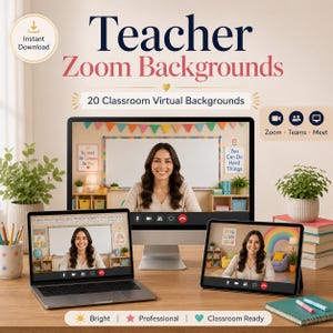 Teacher Zoom Background Bundle, 20 Classroom Virtual Backgrounds for Google Meet and Microsoft Teams