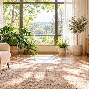 May include: A living room featuring a cream-colored armchair with a beige throw blanket, a matching sofa with green pillows, a wooden side table, a large window with sheer curtains, a textured area rug, and several potted indoor plants.