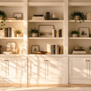 May include: A large white built-in bookcase with three vertical sections, featuring open shelving above and closed cabinets below. The shelves are filled with various books, potted green plants, framed artwork, and decorative ceramic objects.