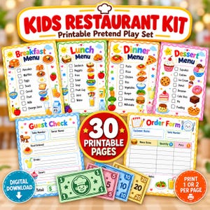 May include: A kids restaurant kit printable pretend play set featuring colourful menus for breakfast, lunch, dinner, and dessert, plus guest checks, order forms, and play money with denominations of 1, 5, 10, and 20, all displayed on a flat surface.