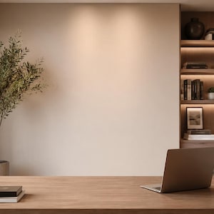 Könnte beinhalten: Ein Schreibtisch aus Holz mit einem silbernen Laptop, einem schwarzen Stiftehalter und einem Stapel Bücher. Links steht ein Olivenbaum im Topf nahe einem Fenster. Im Hintergrund befindet sich eine Wand mit eingebauten Holzregalen, Büchern und einer Lampe.