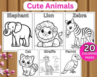 Dibujos para colorear de animales lindos / 20 hojas para colorear de animales / Libro para colorear para niños / Dibujos para colorear de animales del zoológico y la granja / Descarga instantánea en PDF