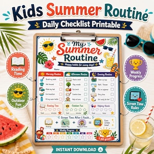 Summer Daily Routine Chart for Kids Printable, Morning, Afternoon, Evening Checklist, Summer Daily Schedule, Screen Time & Weekly Progress