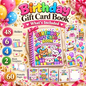 Birthday Gift Card Book Printable, DIY Birthday Gift Card Book with 60 Pages, Open When Gifts, Holders, Covers, Messages for Adults & Teens