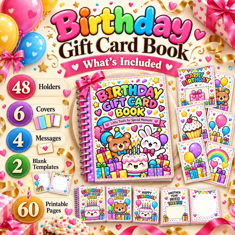 Birthday Gift Card Book Printable, DIY Birthday Gift Card Book With 60 ...