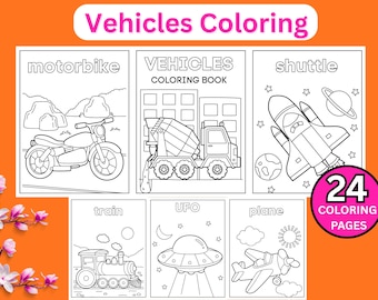 Páginas para colorear de vehículos / 24 hojas para colorear de transporte / Autos, camiones, aviones y más / Libro de actividades imprimible y divertido / Descarga instantánea