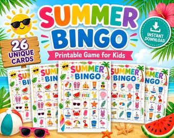 Summer Bingo Game Printable, 26 Summer Bingo Cards for Kids, Beach Party Bingo, Summer Classroom Activity, Instant Download