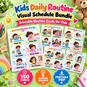 May include: A Kids Daily Routine Visual Schedule Bundle featuring printable routine cards for kids. The set includes morning, school, and bedtime routine cards, daily chores, and personal hygiene cards with colorful illustrations and text.