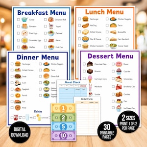 Pretend Play Menus, Printable Restaurant Dramatic Play, Pretend Restaurant Menus, Kitchen Play Menus, Kids Restaurant Menu