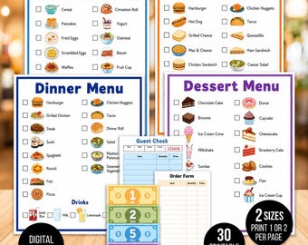 Menús de juego de simulación, Menús de restaurante imprimibles para juegos de rol, Menús de restaurante de juguete, Menús de cocina para niños
