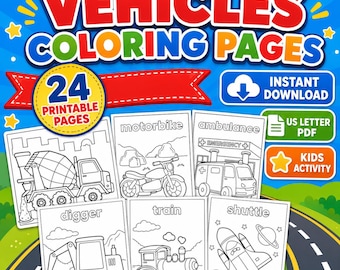 Vehicle Coloring Pages Printable, 24 Kids Transportation Coloring Pages PDF, Cars Trucks Planes Activity, Instant Download