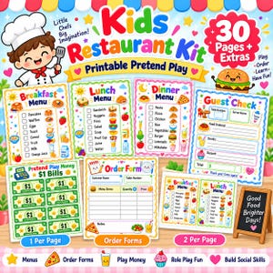 May include: A printable kids restaurant kit featuring colorful menus for breakfast, lunch, and dinner, guest checks, order forms, and pretend play money. The set includes 30 pages of illustrated food items, checkboxes, and text labels for role play.