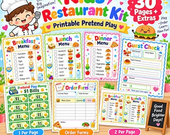 Pretend Play Menus, Printable Restaurant Dramatic Play, Pretend Restaurant Menus, Kitchen Play Menus, Kids Restaurant Menu