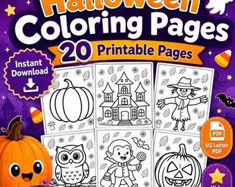 Disegni da colorare di Halloween stampabili, 20 pagine da colorare per bambini in PDF, simpatiche attività di Halloween, stampabili autunnali, download immediato