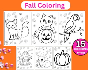 Dibujos para colorear de animales de otoño / 15 hojas para colorear de otoño para niños / Animales y calabazas adorables / Libro para colorear imprimible / Descarga instantánea
