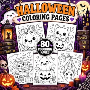 May include: A collection of 80 Halloween coloring pages featuring black and white line art of a smiling pumpkin, a cat in a pumpkin, a witch, a ghost in a pumpkin, and a bat. The header text reads Halloween Coloring Pages with 80 Coloring Pages.