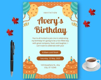 Plantilla de invitación de cumpleaños divertida y marrón / Invitación de cumpleaños editable en Canva / Invitación de cumpleaños con flores / Tarjeta de invitación / Descarga instantánea