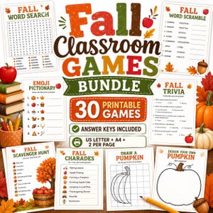 May include: A digital bundle of 30 printable autumn-themed classroom games including word search, word scramble, emoji pictionary, trivia, scavenger hunt, charades, and pumpkin drawing activities. The set features autumn graphics and answer keys.