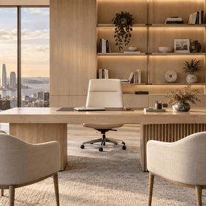 Op de afbeelding: Een bureau van licht hout met een zwarte lederen bureaulegger, geplaatst in een kamer met twee beige gestoffeerde fauteuils, een bijpassende bureaustoel en kamerhoge ramen met uitzicht op een skyline bij zonsondergang.