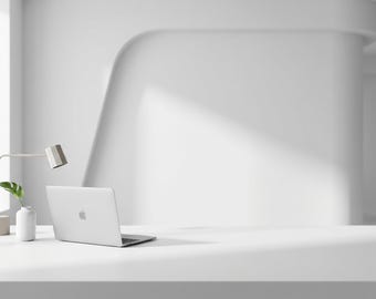Fondo de Zoom de oficina de estudio blanco ultraminimalista cinematográfico / Espacio de trabajo limpio y moderno / Fondo virtual con iluminación suave / 4K profesional