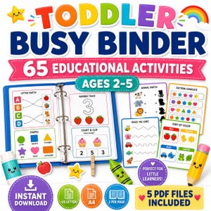 Può includere: Un raccoglitore blu contenente fogli di attività educative con il testo TODDLER BUSY BINDER 65 EDUCATIONAL ACTIVITIES AGES 2-5. Include pagine per abbinare lettere, tracciare numeri, identificare forme e ordinare colori con grafiche colorate.