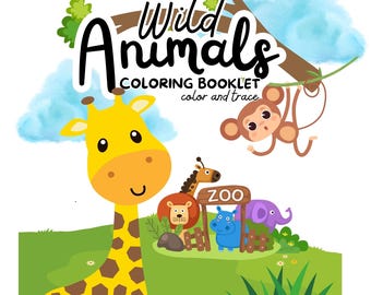 Libro para colorear y trazar animales salvajes para niños / Actividad divertida para preescolar y jardín de infantes / Aprende a escribir los nombres de los animales / Descarga instantánea