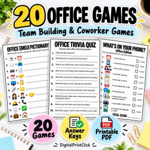 Puede incluir: Una colección de hojas de juegos de oficina imprimibles que incluyen Office Emoji Pictionary, Office Trivia Quiz y What's On Your Phone. Las hojas presentan texto negro sobre papel blanco con iconos coloridos para actividades de equipo.