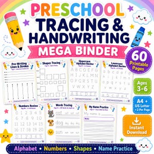 May include: A preschool tracing and handwriting mega binder digital product featuring 60 printable pages for ages 3-6. Includes worksheets for pre-writing lines, shapes, uppercase and lowercase letters, numbers 0-20, words, and name practice.