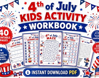 7月4日の子供向けアクティビティワークブック（印刷可能）、40ページの愛国的なゲーム（PDF）、独立記念日の子供向けワークシート、パーティーアクティビティ
