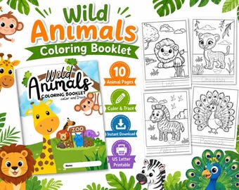 Libretto da colorare di animali selvatici, 10 pagine da colorare di animali per bambini, da colorare e ricalcare, stampabile, PDF per la scuola materna e l'asilo.