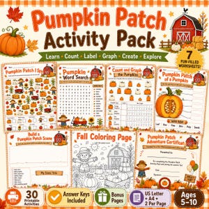 May include: A Pumpkin Patch Activity Pack featuring seven educational worksheets for children ages 5-10. The set includes I Spy, word search, counting, graphing, labeling, scene building, and coloring pages, plus an adventure certificate and answer keys.