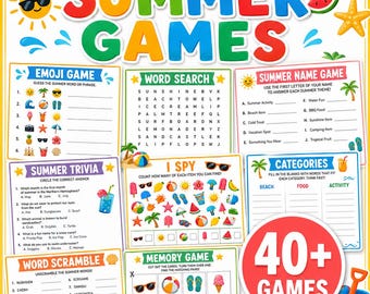 Paquete de juegos de verano, más de 40 actividades de verano para niños, juegos imprimibles para fiestas, juegos para el fin de curso, juegos para campamentos de verano en formato PDF.