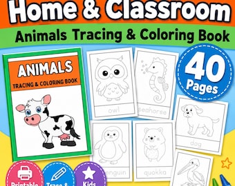 Libro da colorare e ricalcare di animali stampabile, 40 pagine di attività per bambini in PDF, schede didattiche sugli animali per la scuola materna, download immediato.
