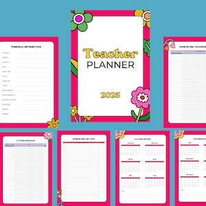 May include: A 2025 teacher planner with a retro floral design. The planner includes pages for personal information, homework tracking, attendance, and calendars. The cover features the text "Teacher Planner" and the year.
