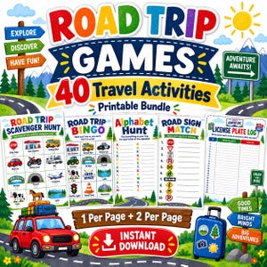 May include: A printable bundle of 40 road trip games featuring a colorful title, a red car with luggage, and a blue suitcase. The collection includes a scavenger hunt, bingo, alphabet hunt, road sign match, and license plate log with various graphics.