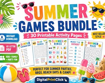 夏のゲーム印刷可能バンドル、30種類のパーティーゲームPDF、子供向け夏のアクティビティシート、ビーチパーティーゲーム、家族で楽しめるダウンロード