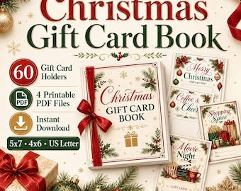 May include: A Christmas Gift Card Book featuring a cream-coloured cover with red ribbon, holly, and snowflake illustrations. The text reads Christmas Gift Card Book. Includes 60 gift card holders, 4 printable PDF files, and instant download options.
