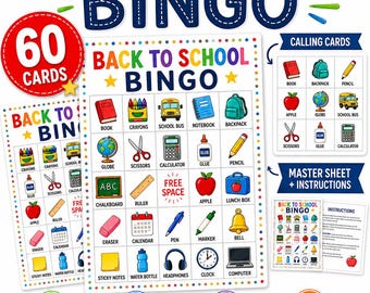 Back to School Bingo Game, 60 Printable Bingo Cards, Classroom Activity, First Day of School Game, Kids Bingo, Teacher Printable