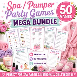 May include: A spa party game bundle featuring 50 printable game sheets with titles like Would She Rather, Spa Emoji Pictionary, and What's in Your Pamper Bag. The set includes a pink bathrobe, slippers, nail polish, a candle, and cucumber slices.