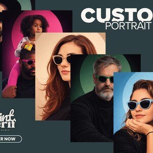 Könnte beinhalten: Werbebild für individuelle Porträts. Das Bild zeigt mehrere stilisierte Porträts von Personen mit Sonnenbrillen. Der Text "CUSTOM PORTRAIT" ist prominent dargestellt. Das Logo "mint serif" und die Schaltfläche "ORDER NOW" sind ebenfalls sichtbar.