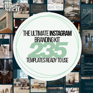 Op de afbeelding: Een Instagram branding kit in teal en wit met de tekst "THE ULTIMATE INSTAGRAM BRANDING KIT 235 TEMPLATES READY TO USE". De afbeelding toont sjablonen met een vastgoedthema.