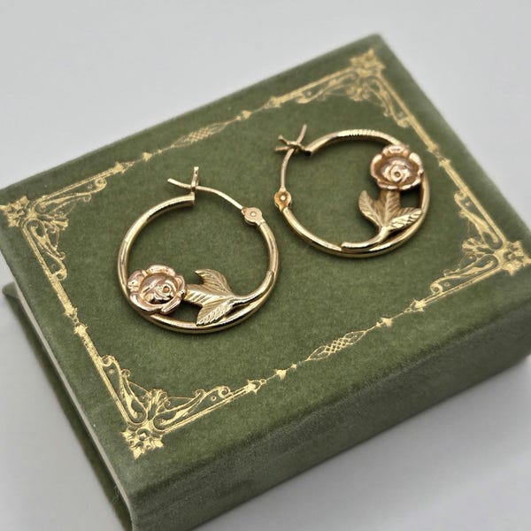 Vintage Rose Hoop Earrings 14kt