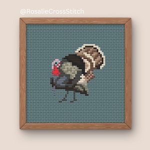 May include: Cross-stitch artwork of a turkey in a wooden frame. The turkey is rendered in pixelated style, with a mix of brown, gray, and black hues. The bird has a red wattle and a fan of brown feathers. The background is a teal color, and the frame is brown.