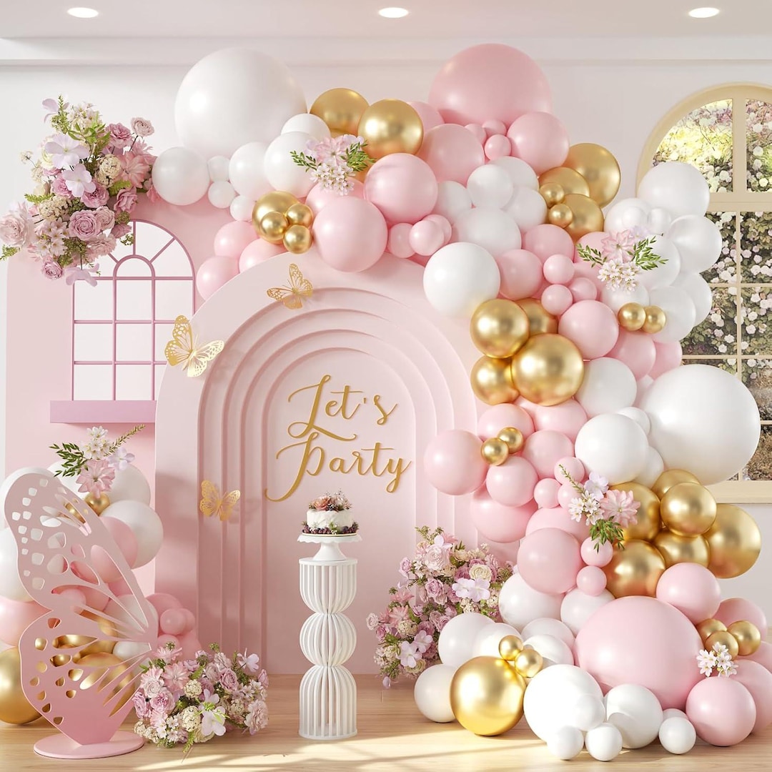 Pink and White Gold Balloon Arch Garland Kit, DIY Balloon Arch Kit ...