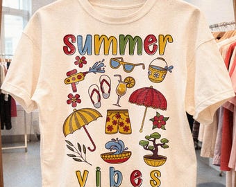 Summer SVG: Summer Vibes Png, Colorful Retro Beach Life Icons Shirt Design (Digital Download)