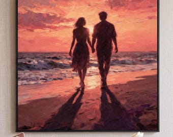 Peinture à l'huile représentant un couple au coucher du soleil, paysage marin, décoration romantique de plage et de bord de mer, couple se promenant en mer, art du paysage d'amour, peinture en impasto de paysage marin